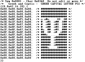 C-source code character with white on black alpha value anti-alias from raster font