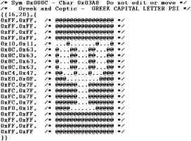 Black and white C-source code character with white on black from raster font