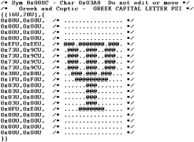 Black and white C-code character with capital U suffix raster font