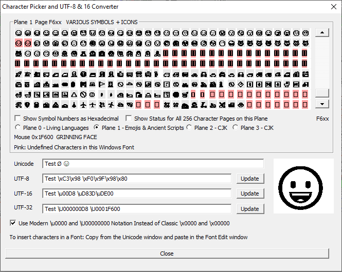 Character Picker for Unicode Characters and Converter for UTF-8 and UTF-16