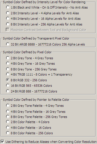 Color Mode Selector for B&W, alpha-levels, grey-tone, RGB color, and palette colors