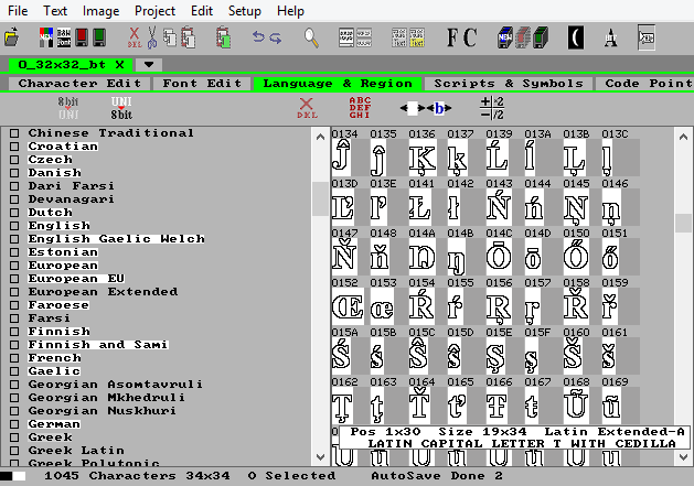 European Font Library with part of Language List