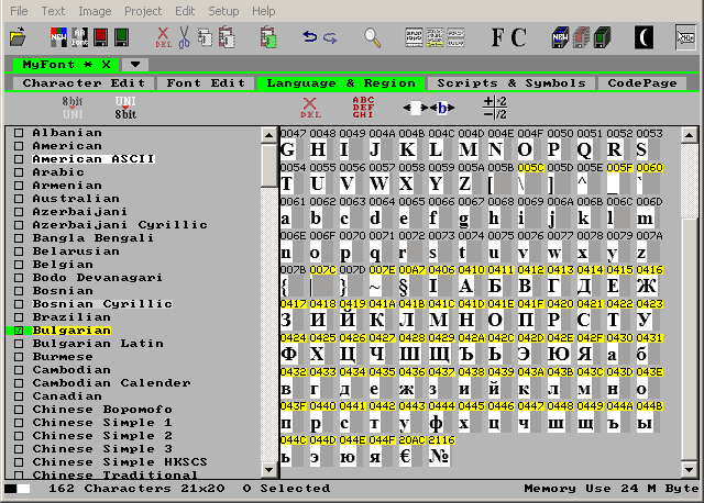 C-source code raster fonts with Latin English and Cyrillic Bulgarian