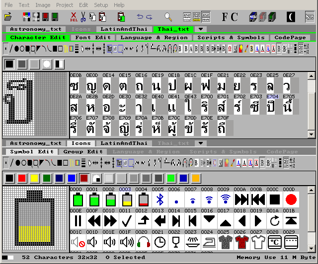 Edit pixel based fonts, characters, and symbols
