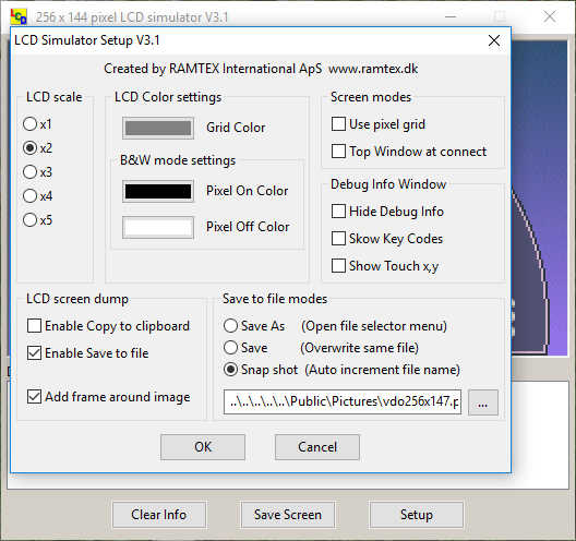 The LCD simulator Setup of Pixel scale, Grid and Grid color, Debug output informations, Touch logging and Screen dump to clipboard or .png files.