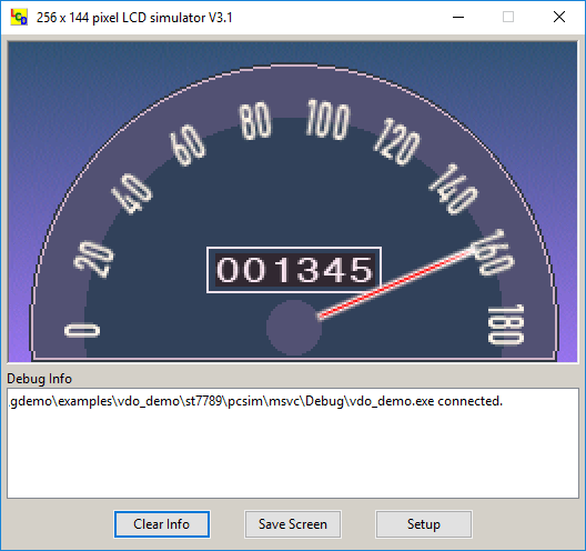 Display demo of a VDO using rotated writing of digits and a needle symbol. Texts and symbols are written with transparent background.