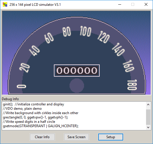 The simulator shows the VDO display background. This background is drawn with a few of the GCLCD GUI functions for pixels, lines, rectangles, circles and text.